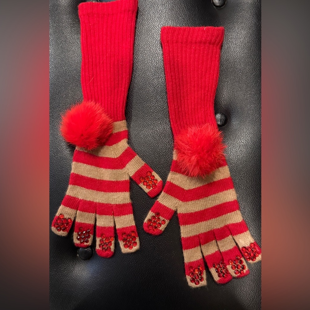 Red and Tan Striped Gloves with Pom Pom